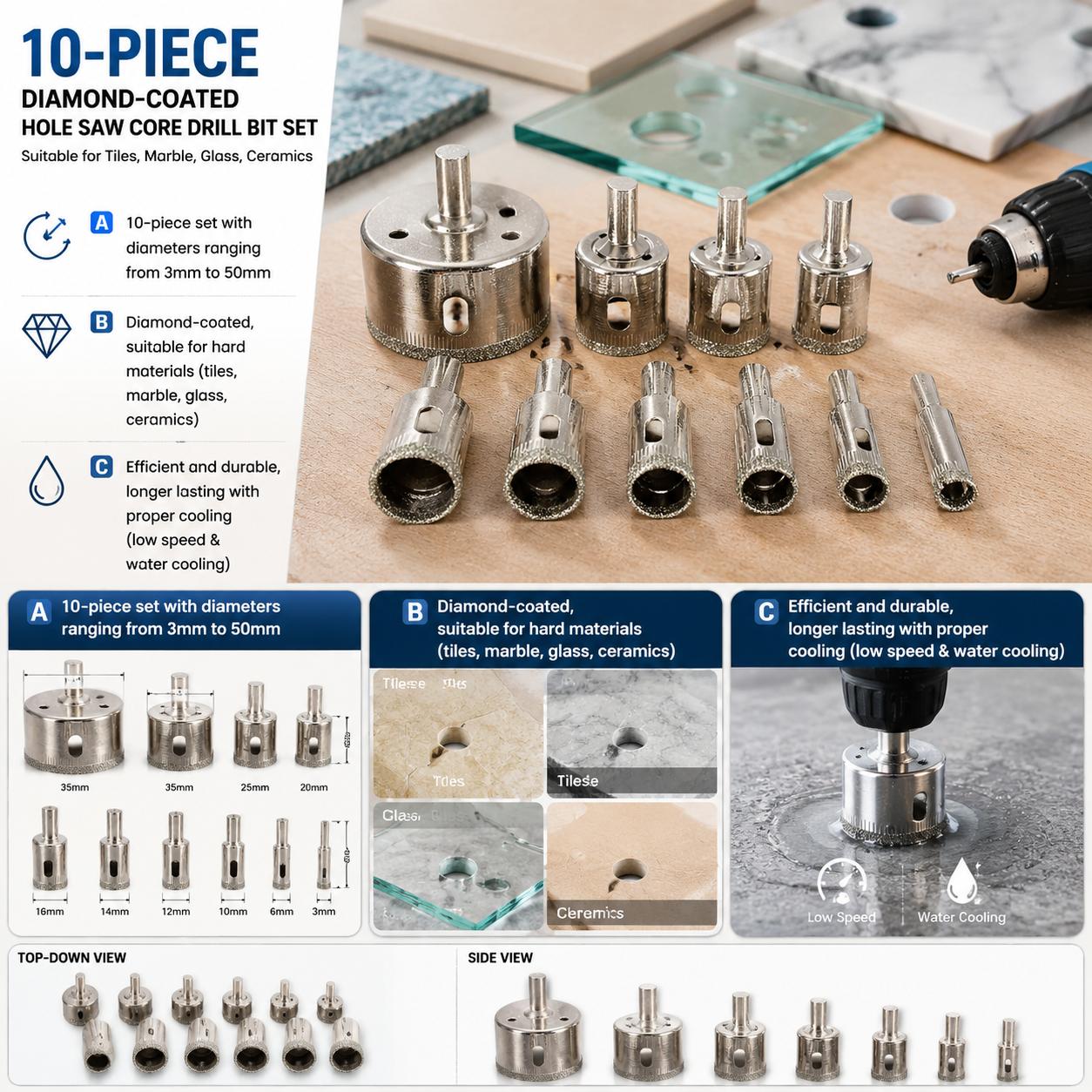 Reciprocating Saw Attachment Drill - 다이아몬드 코팅 드릴 비트 세트 10종