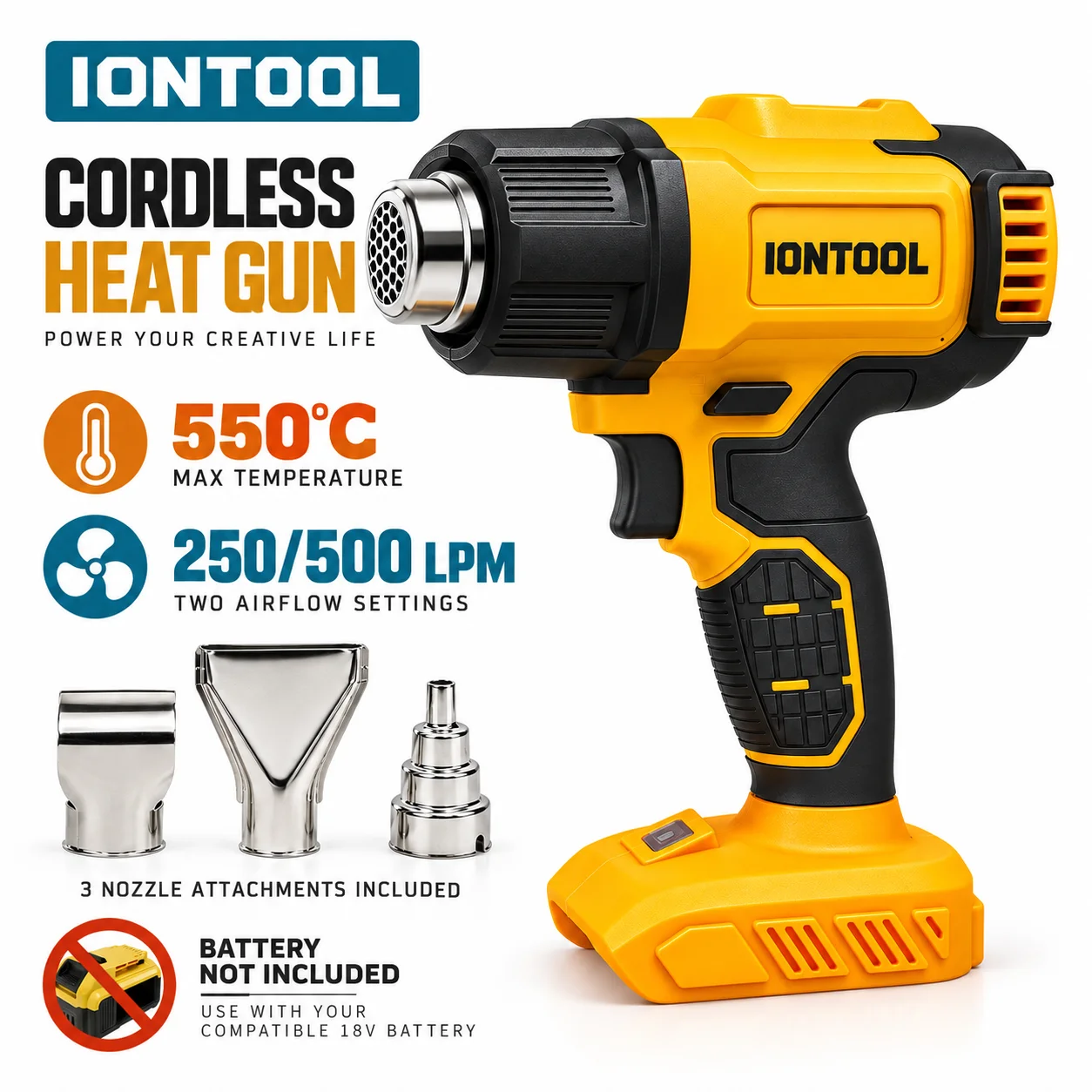 Cordless Heat Gun For Shrink Tubing - IONTOOL 무브러시 무선 열풍기, 분당 250리터의